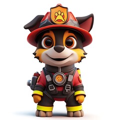A cartoon dog dressed as a firefighter on a white background.