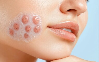 Woman applying skincare foam on her cheek, smooth skin, beauty and wellness concept.