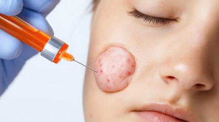 Aesthetic treatment for skin blemish using injection, close-up view