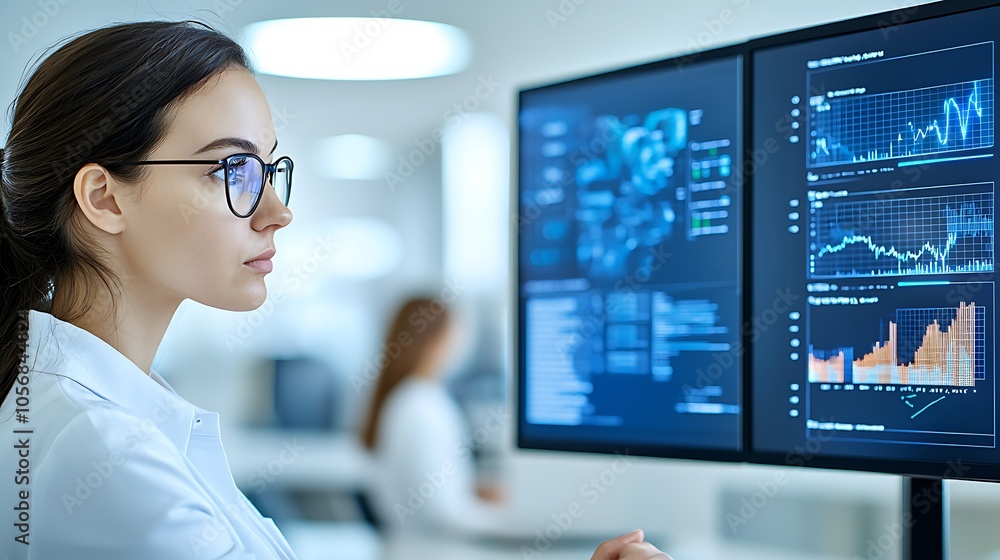 Poster a focused business analyst interpreting data on dual monitors in a modern office environment
