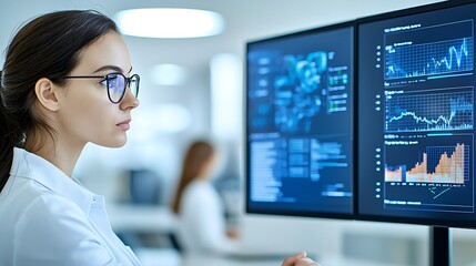 A focused business analyst interpreting data on dual monitors in a modern office environment