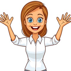 Cartoon employee with arms wide open, welcoming someone with a smile on a white background.