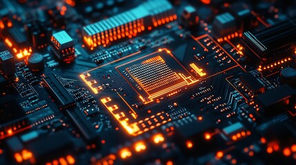 Obraz premium Illuminated Circuit Board with Glowing Microchip Technology Background : Generative AI