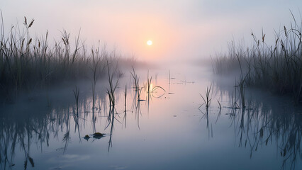 Fototapeta premium Serene Sunrise Over Misty Water Landscape