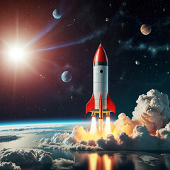 Fototapeta premium 3D rocket in space, a rocket takes off into a sky leaving a fiery trail behind.