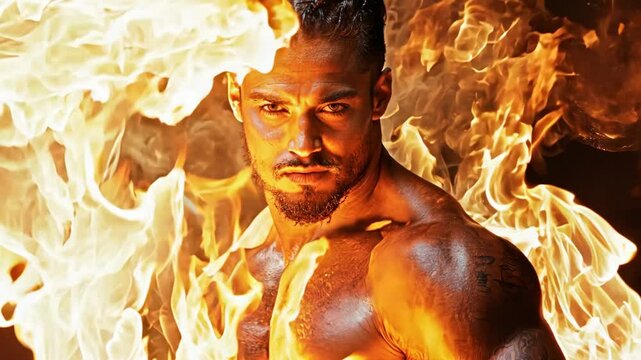 A man with a muscular body is standing in front of a fire. The fire is orange and yellow, and it is surrounded by smoke. The man's face is serious and focused, as if he is in the middle of a battle