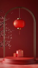 Traditional Chinese New Year red pedestal and lanterns poster background