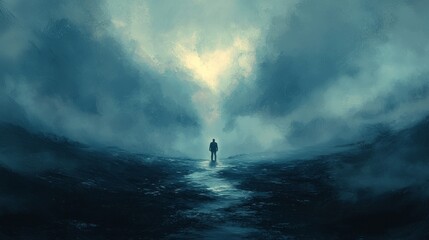 A solitary figure stands on a path through a misty, blue landscape, illuminated by a faint light in the distance.