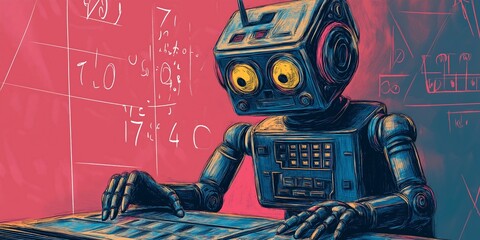 a bot reasoning about Math, pop art style, robot