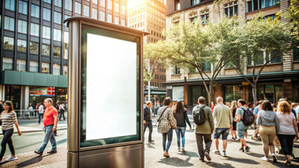 Blank advertisement billboard at city by busy pedestrians in a vibrant urban setting, sunlight shining.