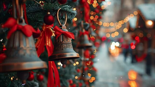 This Red-ribboned Christmas bells shine amidst twinkling lights in a festive urban scene.