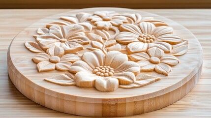 Hand Carved Wooden Flower Design on Round Bamboo Coaster