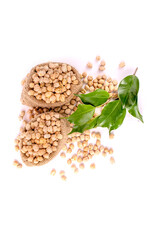 dried chickpeas in the sack, isolated on white