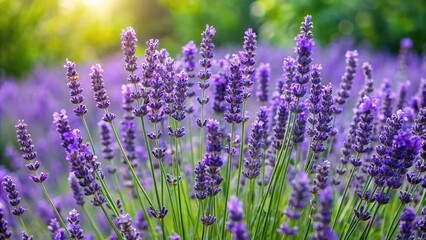 Obraz premium A lush green and purple lavender bush with long stems and many buds in full bloom, greenery, flowering shrubs, lavender bushes, landscape photography, garden features