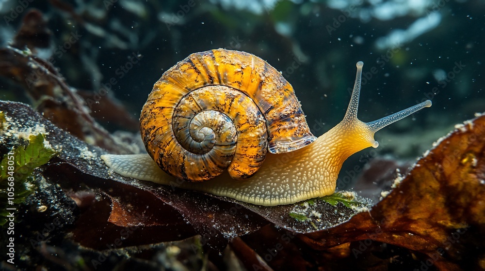 Poster a close-up of a snail with a brown and yellow shell crawling on a brown seaweed in a shallow pool of