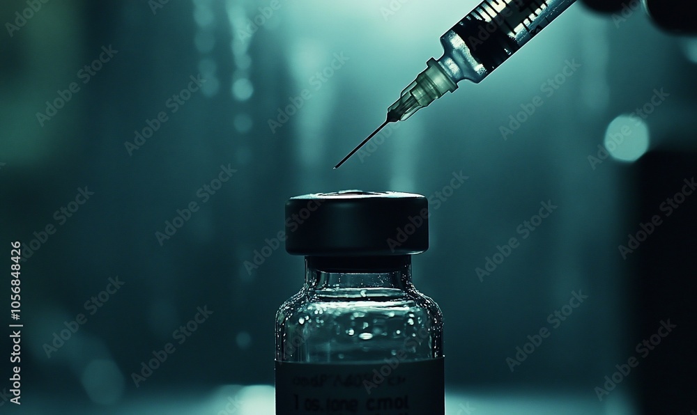 Aufkleber a close-up of a syringe with a needle filled with liquid about to be injected into a vial with liqui