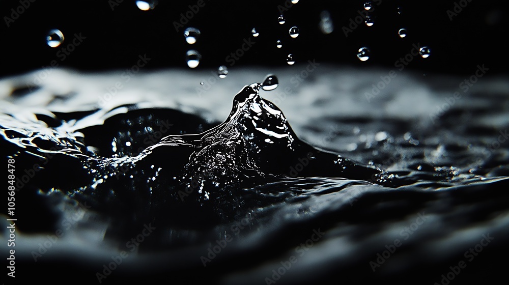 Poster Close-up of Water Droplets Creating Ripples on Dark Surface : Generative AI