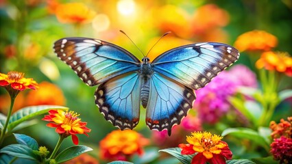 Fototapeta premium A majestic light blue and white butterfly perched on a colorful flower in a lush tropical garden surrounded by vibrant foliage, outdoors, flora, garden, flower