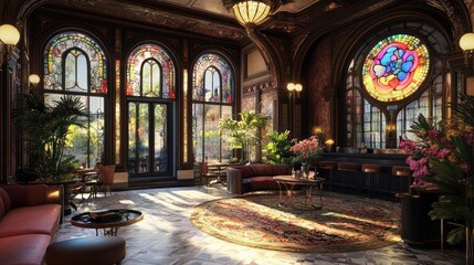 Fototapeta premium Elegant Interior with Stained Glass Windows