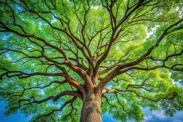 Fototapeta premium A majestic green tree standing alone in a vast open space, its trunk and branches stretching towards the sky, environmental photography, nature