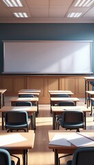 Empty classroom with wooden desks and whiteboard in natural light