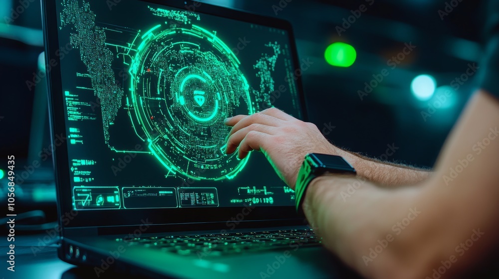 Poster hacker using laptop with green digital interface and world map