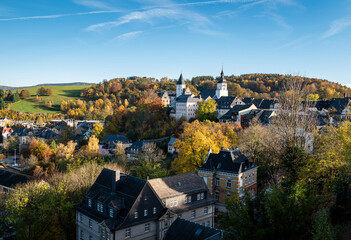 view of Schwarzenberg Castle in the Saxon town of Schwarzenberg during the autumn season
