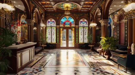 Fototapeta premium Luxurious Hotel Lobby with Stained Glass Windows