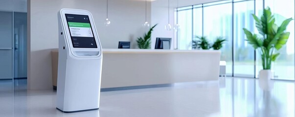 Modern self-service kiosk in a sleek reception area. Ideal for showcasing innovation and convenience in a professional environment.