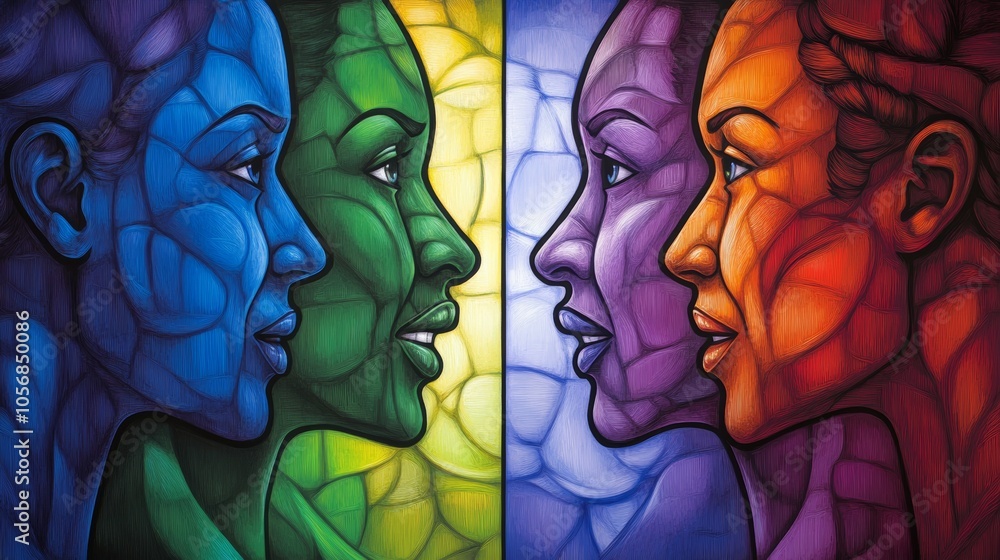 Poster artistic representation of three faces with distinct color palettes, exploring diversity and express