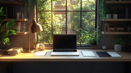Fototapeta premium Cozy workspace with a laptop, plants, and natural light.