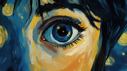 A close-up of face, with large, soulful eyes and textured brushstrokes in shades of yellow