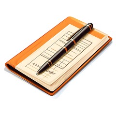 Cartoon checkbook with checks and a pen on a white background.