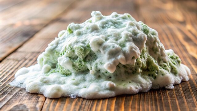 A moldy, white, lumpy mass of slime growing on a wooden surface, surface, lumpy, white, wood, decay