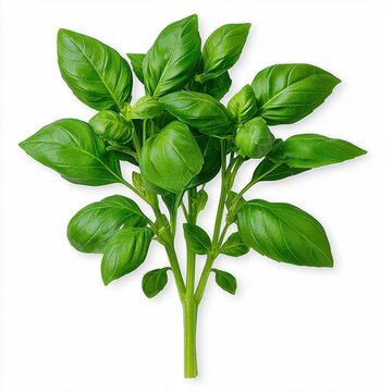 A photostock of a bunch of green basil leaves on a white background, fresh and fragrant.