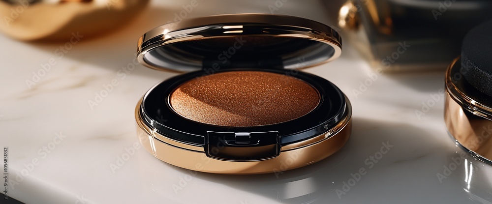 Poster a compact of pressed foundation in a golden case, the lid is open, showing the foundation inside.