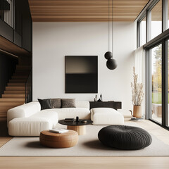 a house with loft design, modern interior design of a home with an open-plan layout, clean lines and a contemporary aesthetic, featuring a blend of natural wood and sleek gray materials