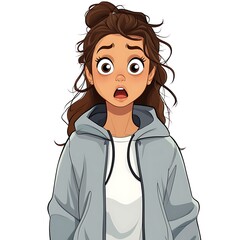 Cartoon girl with a shocked expression and a sporty jacket on a white background.