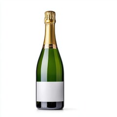 A photostock of a champagne bottle with a popping cork on a white background, festive and celebratory.