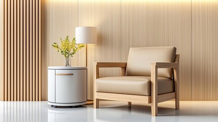 Stylish living room interior featuring a modern beige armchair, round table with flowers, and elegant lighting on a soothing wood panel backdrop.