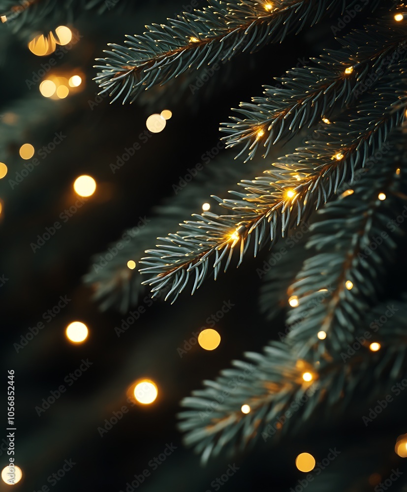 Poster magical festive season with glistening lights and pine tree branch elements : generative ai