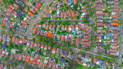 Obraz premium defaultPanoramic aerial drone view of Western Sydney Suburbs with Houses roads and parks in Sydney NSW Australia