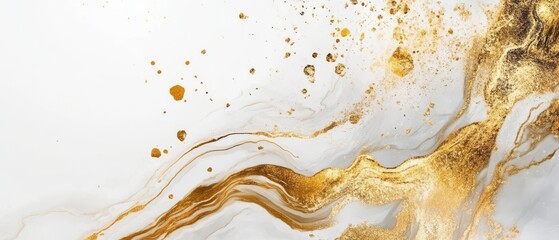 Abstract Gold Swirls on White Background - Fluid Art Texture
