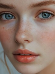 Naklejka premium Close-up of a woman's face with blue eyes and freckles