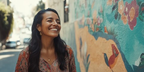 Fototapeta premium Joyful Mexican Woman Smiling in a Colorful City Street Surrounded by Vibrant Murals