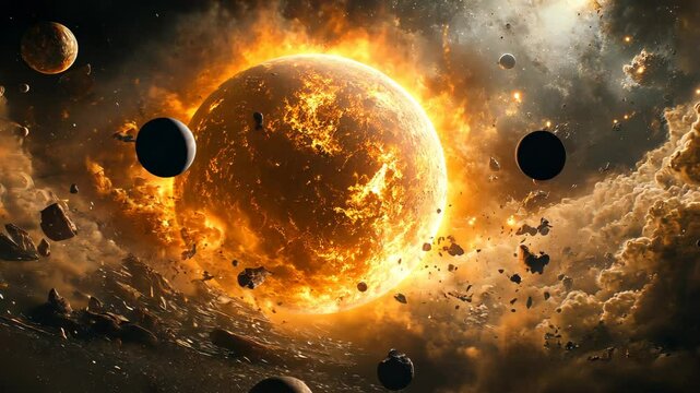 A highly detailed image of a gas giant planet surrounded by various cosmic elements such as moons, space debris, and glowing phenomena, setting a rich celestial scene. Video