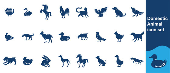 Domestic Animal editable  outline web icons set. Cow, goat, pig, hen, goose, horse, chicken, rooster and sheep. Vector illustration