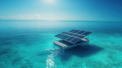 Floating solar panels on serene clear blue water 