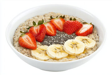Editorial photo of oatmeal bowl with bananas, strawberries, and chia seeds