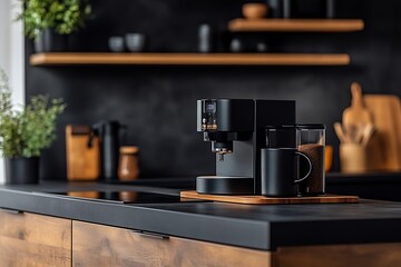 Modern Black Coffee Machine in Stylish Wooden Kitchen Interior Setup : Generative AI